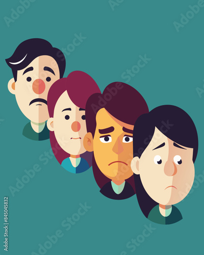 Weary faces lined up each with a story to tell of struggle and need.. Vector illustration