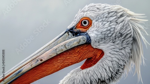 Close up depiction of a Dalmatian pelican head