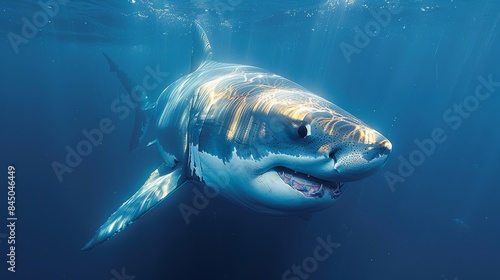 Minimalist image of an endangered Great White Shark in deep blue ocean, highlighting its vulnerable status, set against a plain white backdrop, Created with Generative AI. © No1else