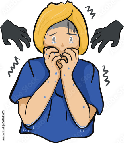 The woman was crying, shaking, and sweating from a panic attack. Breathing faster than normal Woman experiencing stress due to panic attack Vector illustration.