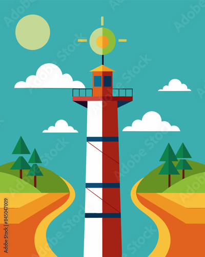 Straddling the border between two countries a solarpowered tower acts as a bridge allowing individuals from both sides to communicate and stay connected.. Vector illustration