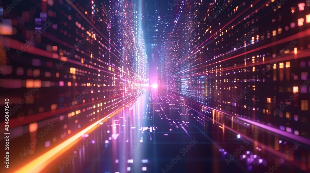 An abstract technology background with binary code and vibrant colors on a black background. An abstract technology background with binary code and vibrant colors on a black background.