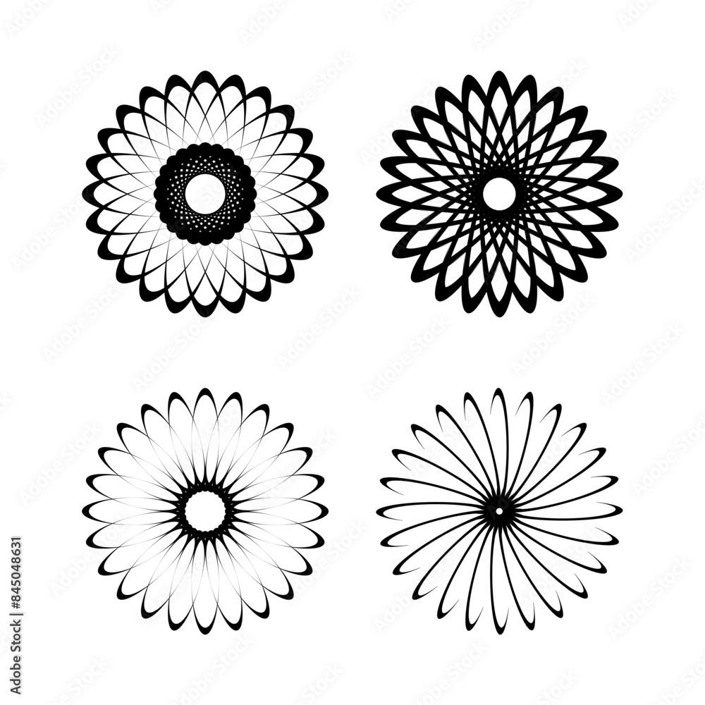 Graphic geometric mandala, motif circular round. Design element illustration spiral for ornament with concentric shape. Swirl radial pattern art. Abstract, rotating, twisted flowers. Icon set Graphic geometric mandala, motif circular round. Design element illustration spiral for ornament with concentric shape. Swirl radial pattern art. Abstract, rotating, twisted flowers. Icon set