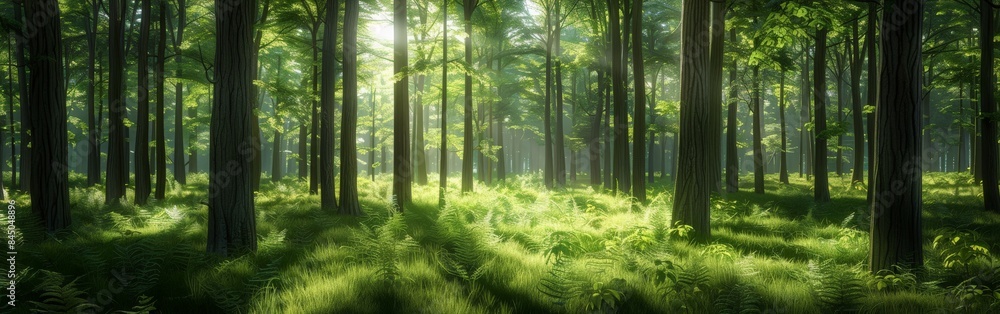 Fototapeta premium A beautiful, bright forest scene with tall, slender trees and lush ferns. Sunlight filters through the trees, casting dappled light on the forest floor