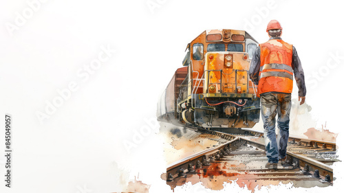Orange watercolor paint of an engineer work on railway locomotive train