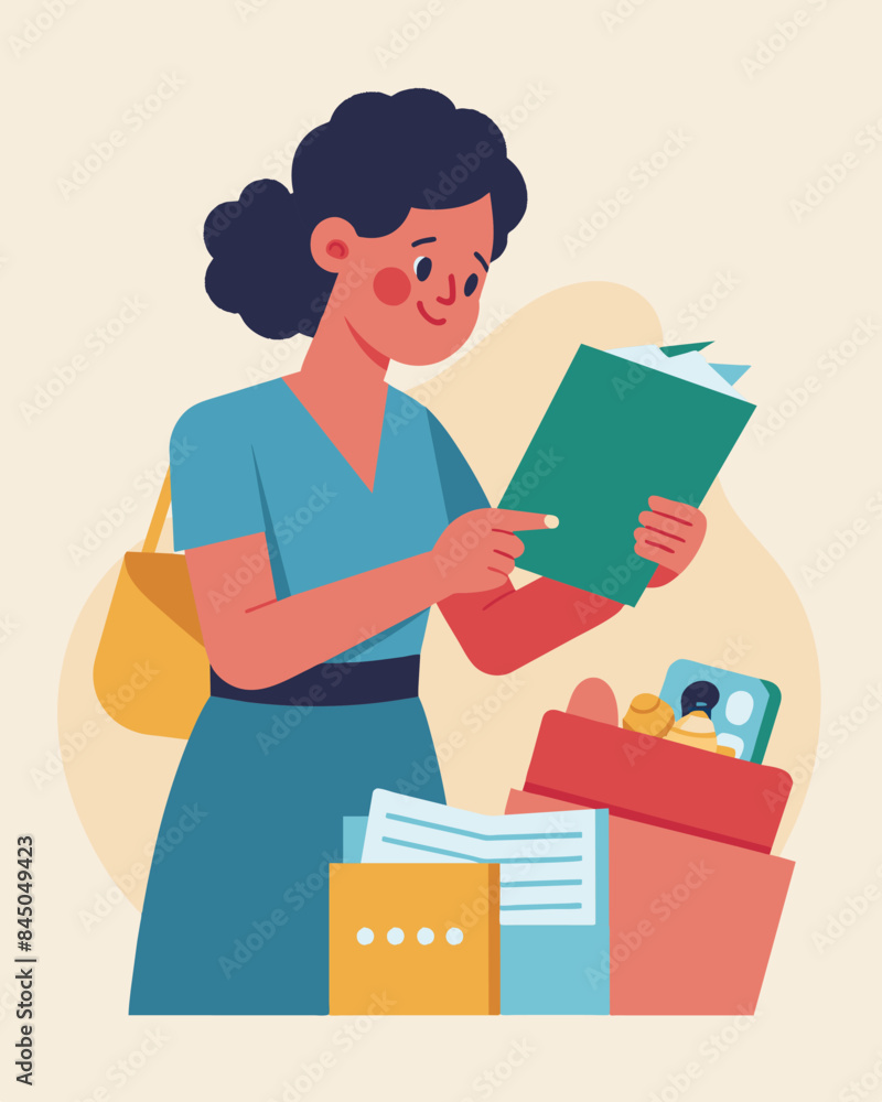 An organized mom adds the newest batch of clipped coupons to her binder meticulous in her approach to saving money on groceries.. Vector illustration An organized mom adds the newest batch of clipped coupons to her binder meticulous in her approach to saving money on groceries.. Vector illustration