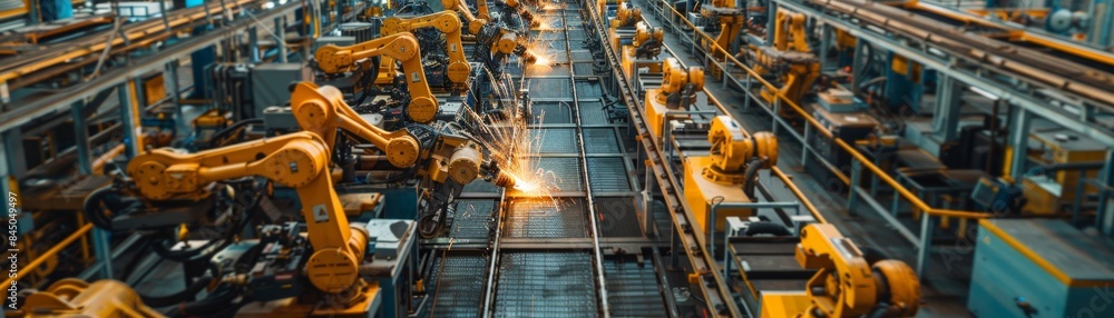 Industrial Revolution: Dynamic Factory Floor with Workers, Machines, and Robotics in Action Industrial Revolution: Dynamic Factory Floor with Workers, Machines, and Robotics in Action