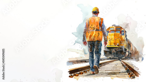 Yellow watercolor paint of an engineer work on railway locomotive train
