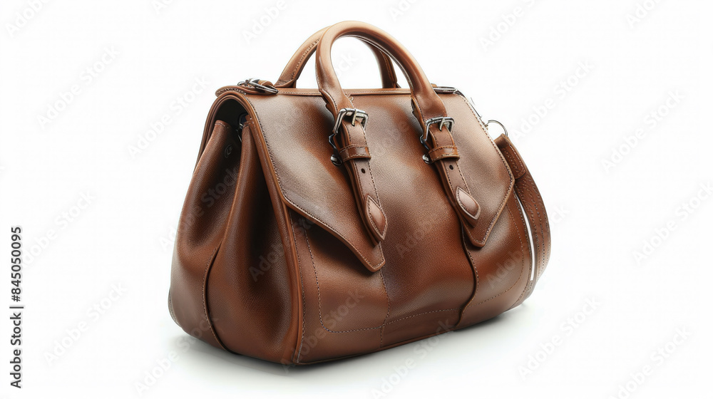 Tan leather handbag with a stylish and refined appearance, isolated on white background. Tan leather handbag with a stylish and refined appearance, isolated on white background.