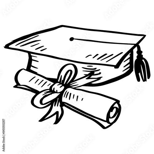 Hand drawn illustration graduation hat with rolled diploma paper