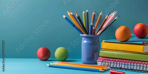 A still life photo of colorful pencils, books, and fruit arranged on a blue desk