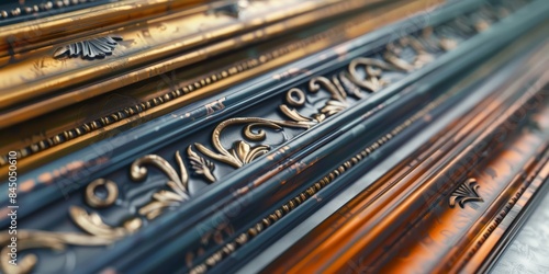 Close-up image of decorative molding featuring intricate gold and blue details