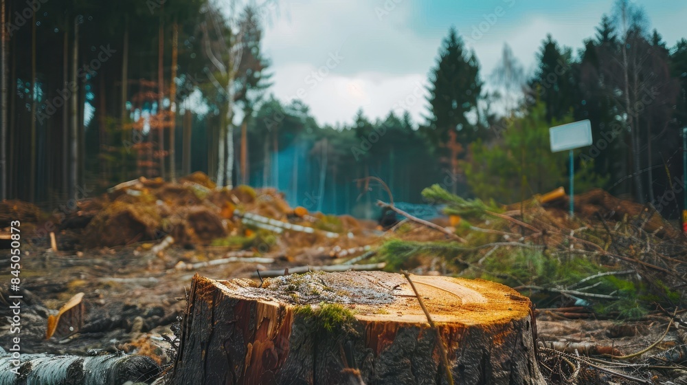 Freshly Cut Tree Stump in a Forest Clearing with Fallen Trees and Logs, Surrounded by Dense Pine Trees and a Cloudy Sky in the Background, Depicting Deforestation and Environmental Impact Freshly Cut Tree Stump in a Forest Clearing with Fallen Trees and Logs, Surrounded by Dense Pine Trees and a Cloudy Sky in the Background, Depicting Deforestation and Environmental Impact