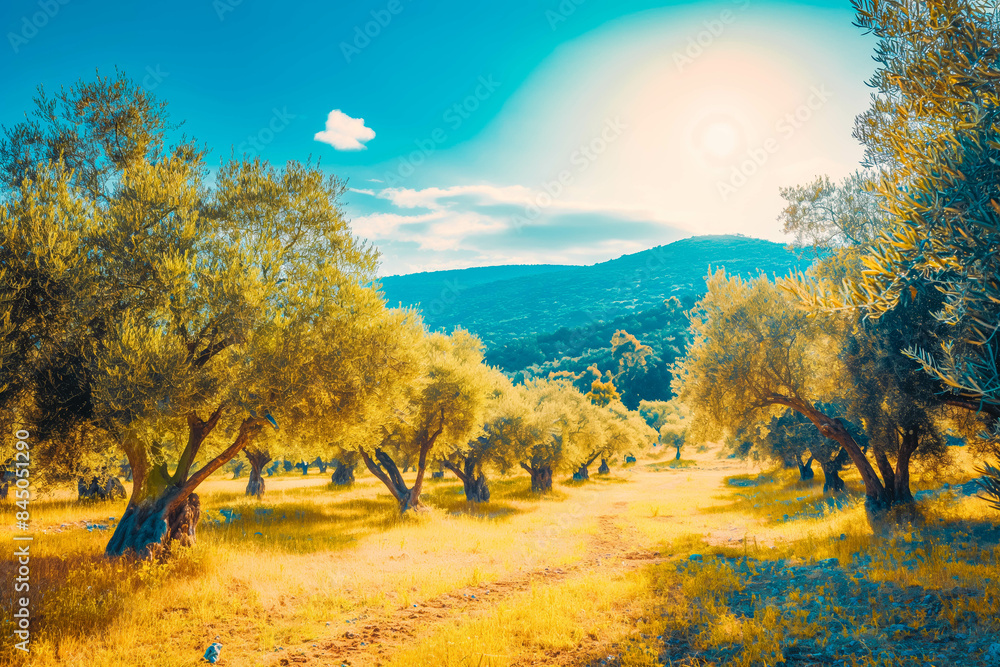 Fototapeta premium Olive trees garden, mediterranean olive field ready for harvest.
