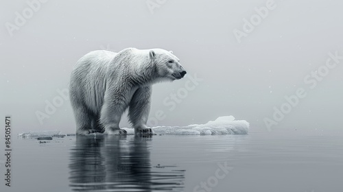Minimalist image of a Polar Bear on an ice floe in the Arctic  showcasing its endangered status in freezing conditions on a white background  Created with Generative AI.