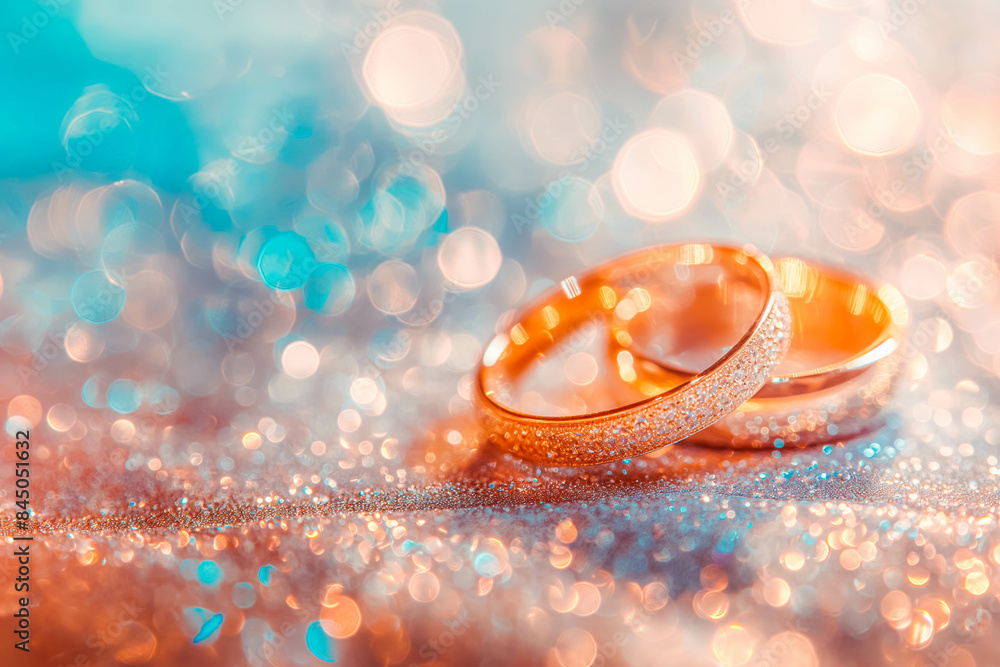 Pair of shiny wedding rings on a sparkling background, with copy space, luxury. Pair of shiny wedding rings on a sparkling background, with copy space, luxury.