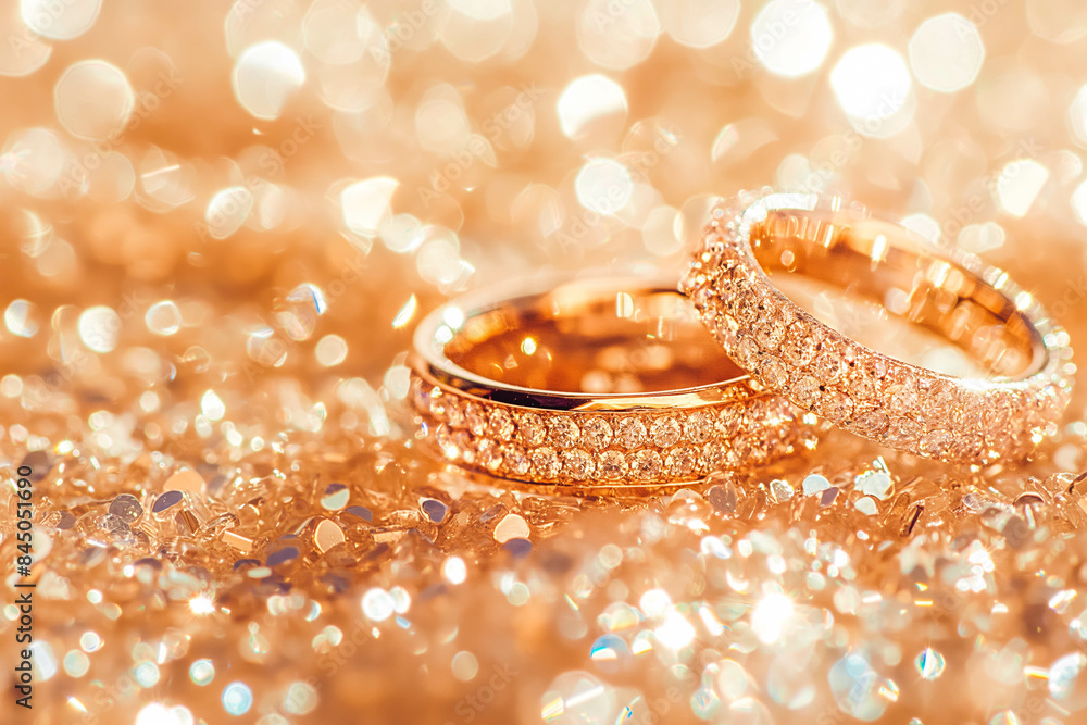 Pair of shiny wedding rings on a sparkling background, with copy space, luxury. Pair of shiny wedding rings on a sparkling background, with copy space, luxury.