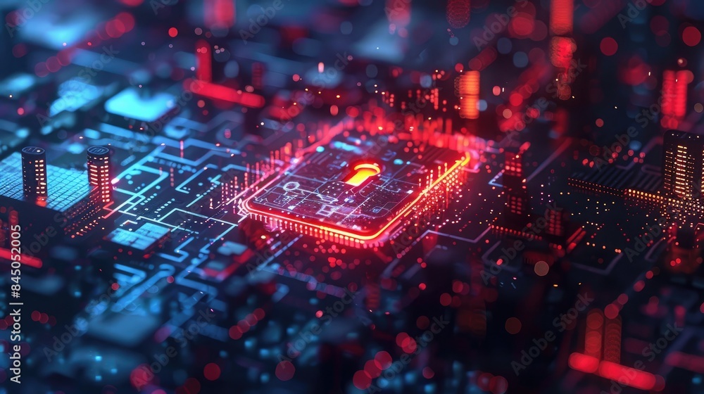 Fototapeta premium Futuristic red illuminated circuit board with a central processing unit highlighted, representing advanced technology and innovation.