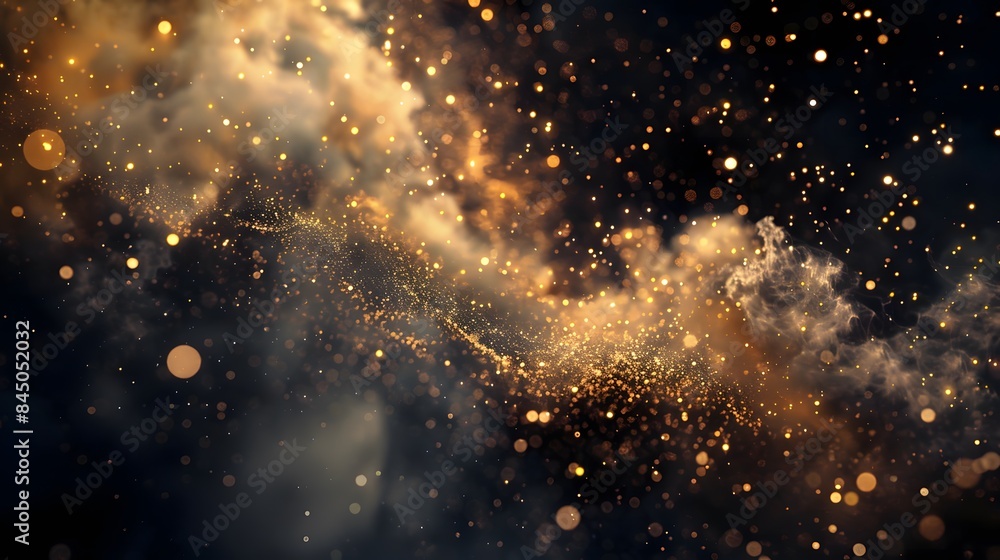 Obraz premium Abstract background shining golden floor ground particles stars dust. Futuristic glittering in space on black background.