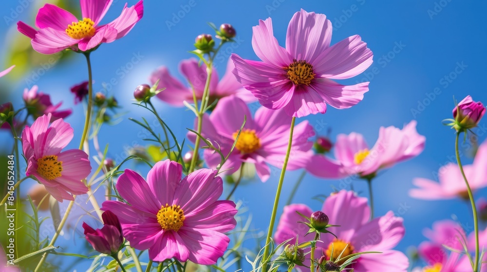 Blooming Pink Cosmos Flowers in Summer Garden against Blue Sky Blooming Pink Cosmos Flowers in Summer Garden against Blue Sky