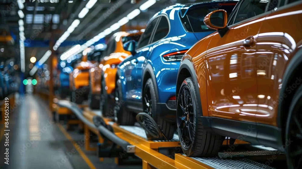 Modern car assembly line in a factory with blue and orange vehicles. Advanced manufacturing process of automobiles. Modern car assembly line in a factory with blue and orange vehicles. Advanced manufacturing process of automobiles.