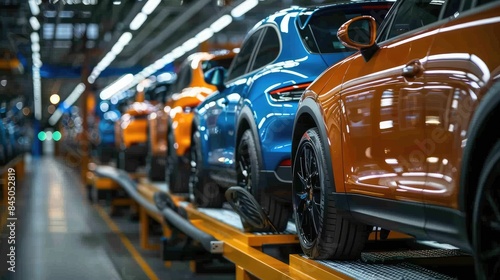 Modern car assembly line in a factory with blue and orange vehicles. Advanced manufacturing process of automobiles.