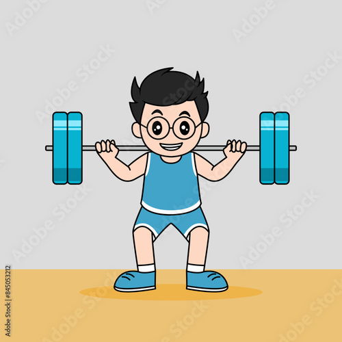 Vector design of little boy Lifting Barbell. Work out at the gym.