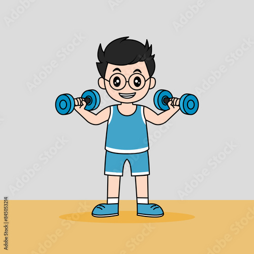 Vector design of little boy Lifting Barbell. Work out at the gym.