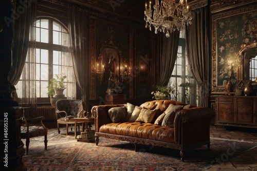 Vintage home design interior antique wooden furniture, ornate decorations, and grand fireplace, patterned wallpaper, Persian rugs, and chandeliers, creating a warm and nostalgic atmosphere