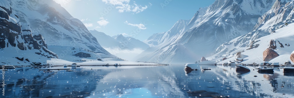 A serene scene of a frozen lake surrounded by snow-covered mountains under a bright blue sky