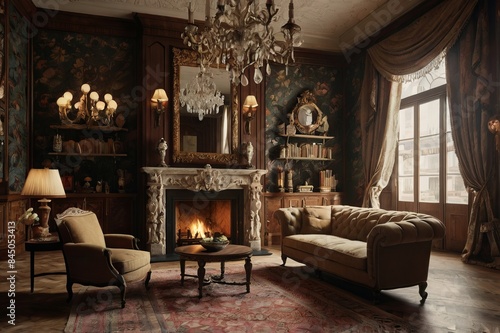 Vintage home design interior antique wooden furniture, ornate decorations, and grand fireplace, patterned wallpaper, Persian rugs, and chandeliers, creating a warm and nostalgic atmosphere