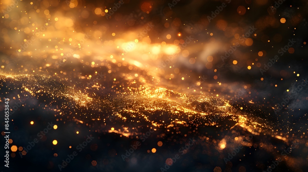 Obraz premium Abstract background shining golden floor ground particles stars dust. Futuristic glittering in space on black background.
