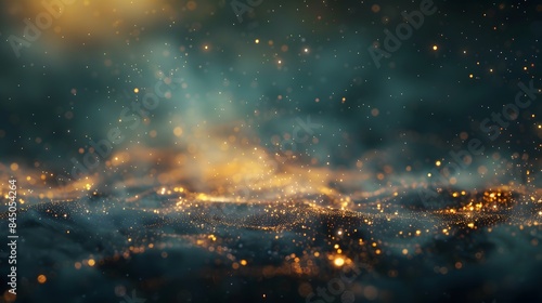 Abstract background shining golden floor ground particles stars dust. Futuristic glittering in space on black background. 