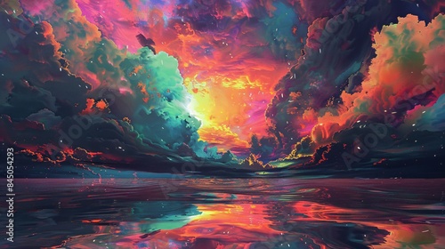 Neon glow paints the sky with vibrant hues, casting a surreal and dreamlike ambiance that transports the viewer to another world, Generative AI photo