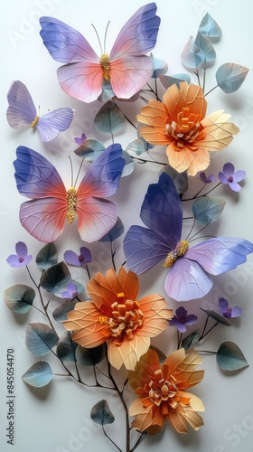 Exquisite craftsmanship: colorful butterfly and flower organic paper sculpture design, an illustration of dreamy romance, perfect for banner, capturing the beauty of nature in intricate detail.