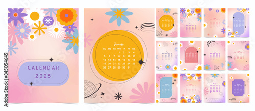 2025 table monthly calendar week start on Sunday with flower that use for vertical digital and printable A4 A5 size