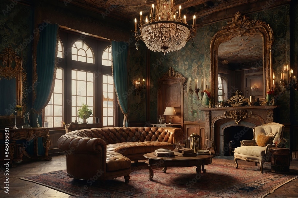 Fototapeta premium Vintage home design interior antique wooden furniture, ornate decorations, and grand fireplace, patterned wallpaper, Persian rugs, and chandeliers, creating a warm and nostalgic atmosphere
