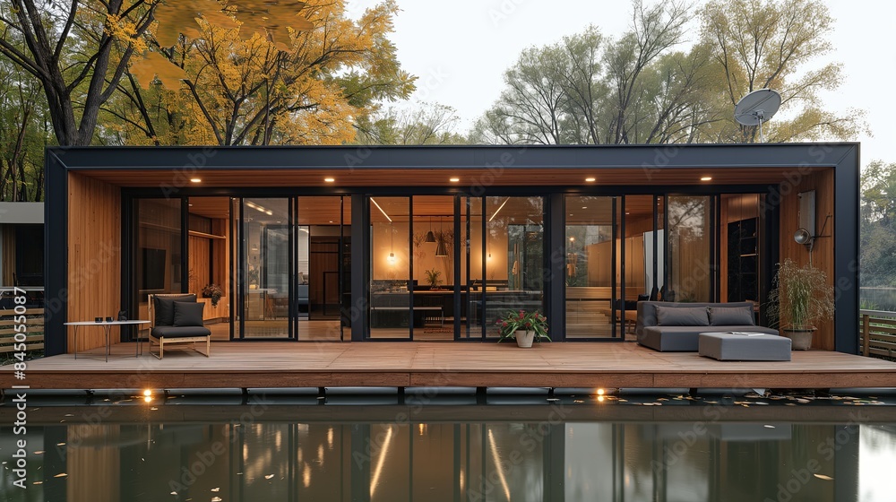 Fototapeta premium Serene Blue Container Homes by the Lake