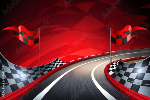 A red checkered race track with a checkered flag pole