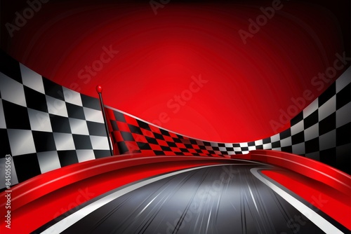 A red checkered race track with a checkered flag pole