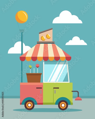 With no noisy generator the solarpowered ice cream cart glides silently through the streets bringing cold treats to the community.. Vector illustration