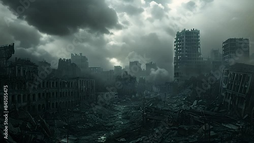 A dark and gloomy city with tall buildings and a stormy sky. The buildings are all in ruins and the streets are empty. There is a feeling of hopelessness and despair in the air.