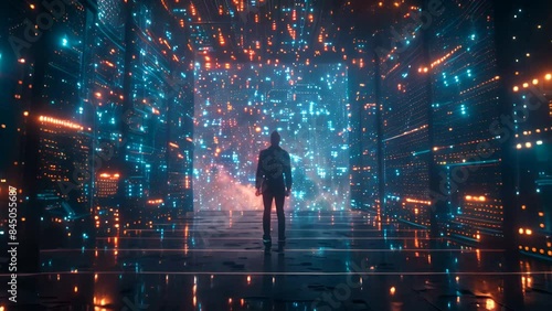 Wallpaper Mural A glowing blue and orange circuit board tunnel with a mysterious figure standing in the center. Torontodigital.ca