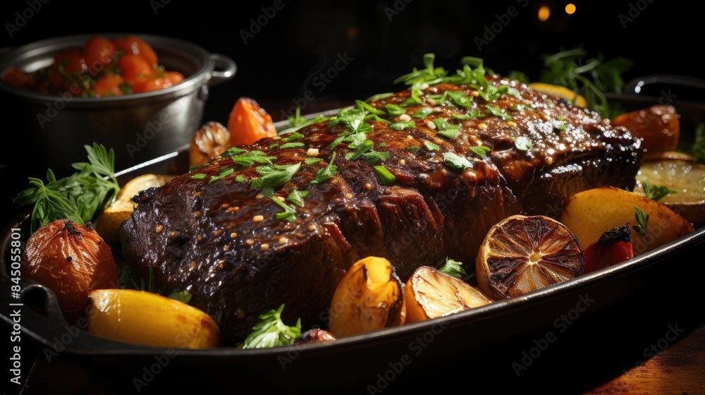 delicious pot roast meat with black and blur background delicious pot roast meat with black and blur background