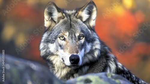 Close up image of a grey wolf in its native environment