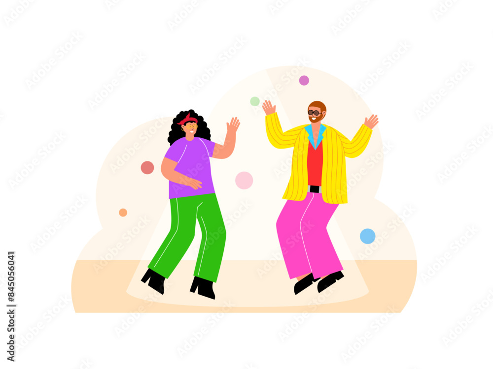 Couple dancing on the floor dance. 80's vector illustration