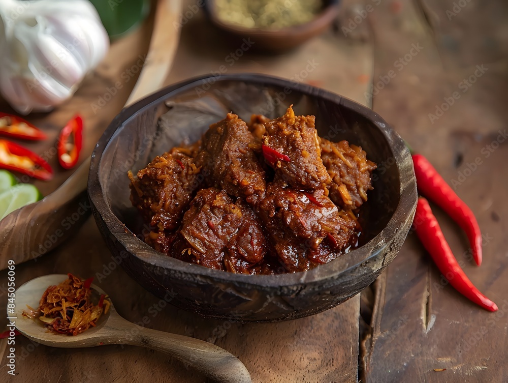 rendang on the wood table, indonesian food rendang on the wood table, indonesian food