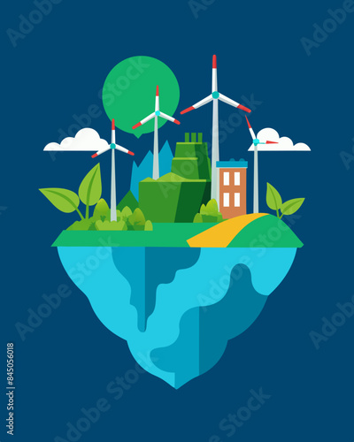 An island nation invests in offshore wind turbines utilizing their abundant natural resources to decrease their reliance on imported fossil fuels and decrease longterm expenses.. Vector illustration