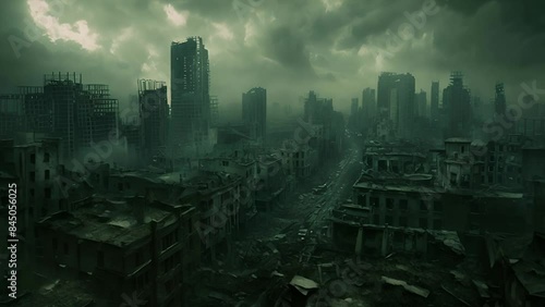 A post-apocalyptic city with destroyed buildings and a gloomy atmosphere