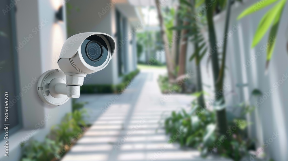 A sleek security camera installed on a residential wall, enhancing home security A sleek security camera installed on a residential wall, enhancing home security
